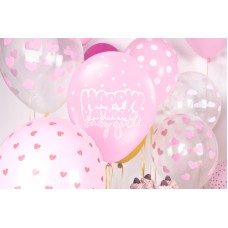 Шар латексный розовый Happy birthday в белую звёздочку
